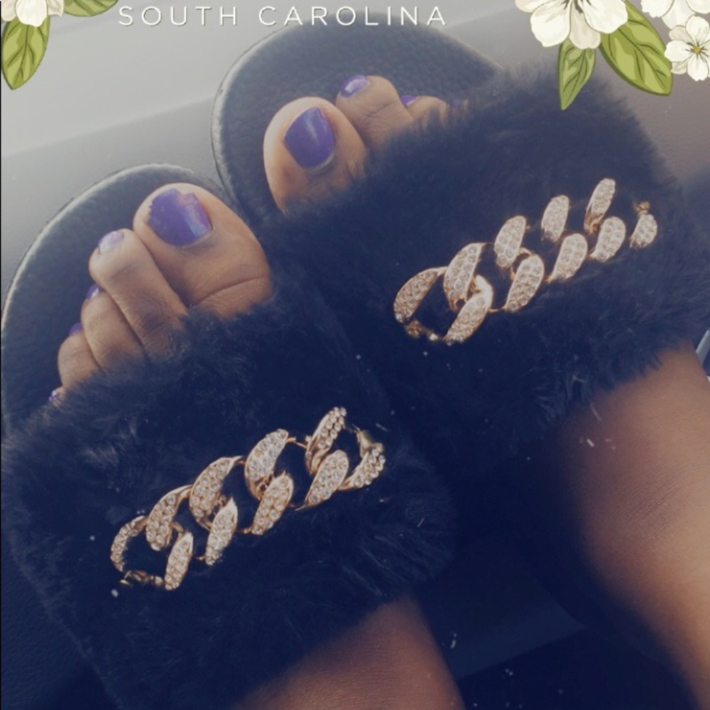 Black slides with gold chain detail